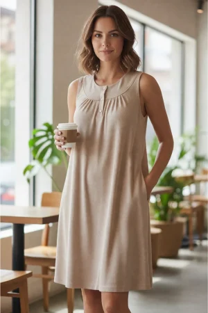 Batola mujer perilla botones fondo entero tela rib acanalada cafe claro Paulinas