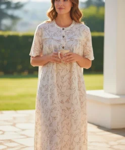 Batola mujer perilla botones estampada manga corta algodon cafe Paulinas