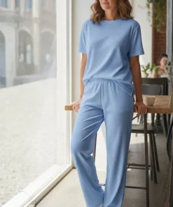 Conjunto pantalon mujer manga corta tela rib azul cobalto Paulinas