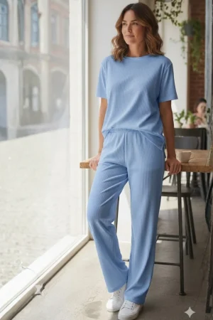 Conjunto pantalon mujer manga corta tela rib azul cobalto Paulinas