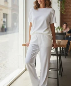 Conjunto pantalon mujer manga corta tela rib crudo Paulinas