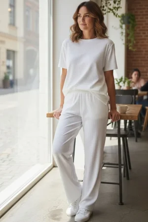 Conjunto pantalon mujer manga corta tela rib crudo Paulinas