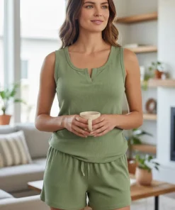 Pijama short mujer abertura cuello fondo entero tela rib verde jade Paulinas