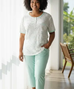 Pijama capri mujer tallas grandes perilla botones bolsillo algodon verde claro Paulinas