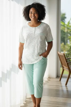 Pijama capri mujer tallas grandes perilla botones bolsillo algodon verde claro Paulinas