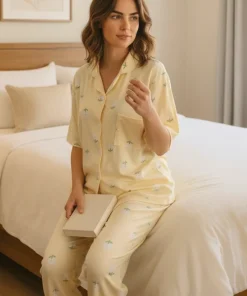 Pijama mujer pantalon cuello clasico botones frontales tela acanalada amarillo Paulinas