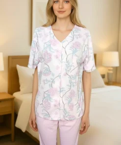 Pijama mujer pantalon cuello clasico botones frontales algodon rosa claro Paulinas