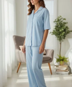 Pijama mujer pantalon largo botones frontales algodon azul claro Paulinas