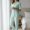 Pijama mujer pantalon largo botones frontales algodon verde claro Paulinas
