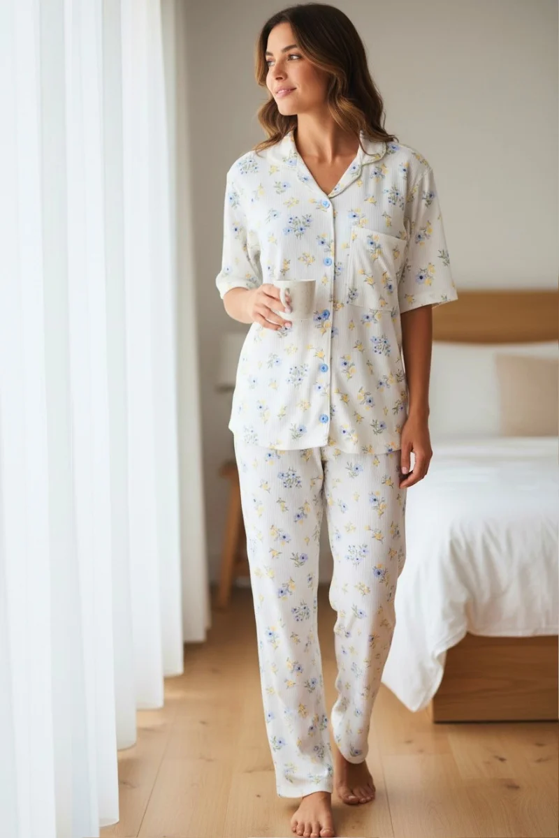 Pijama de pantalón largo para mujer color amarillo en tela acanalada | Paulina's