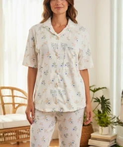 Pijama de pantalón largo abierta de botones para mujer en tela acanalada | Paulina's