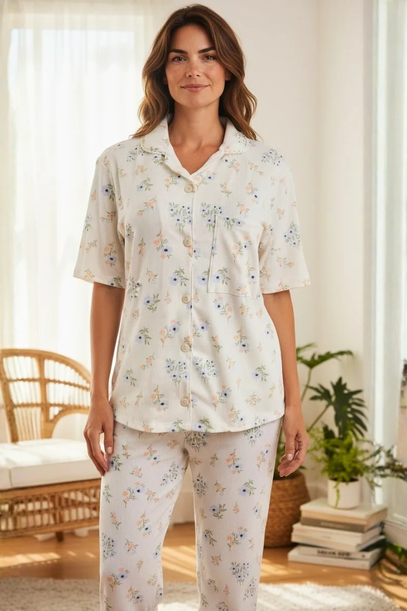 Pijama de pantalón largo abierta de botones para mujer en tela acanalada | Paulina's