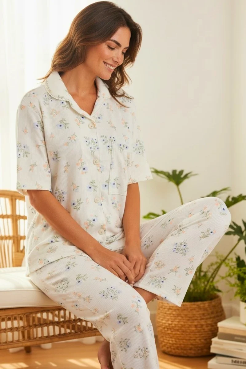 Pijama de pantalón largo abierta de botones para mujer color mandarina en tela acanalada | Paulina's